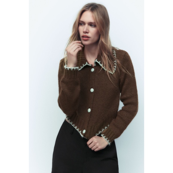 Zara | Knit Cardigan Contrast Stitching - Picture 1 of 13
